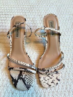 Steve Madden Beige and Black Snake-Print Strappy Kitten Heels